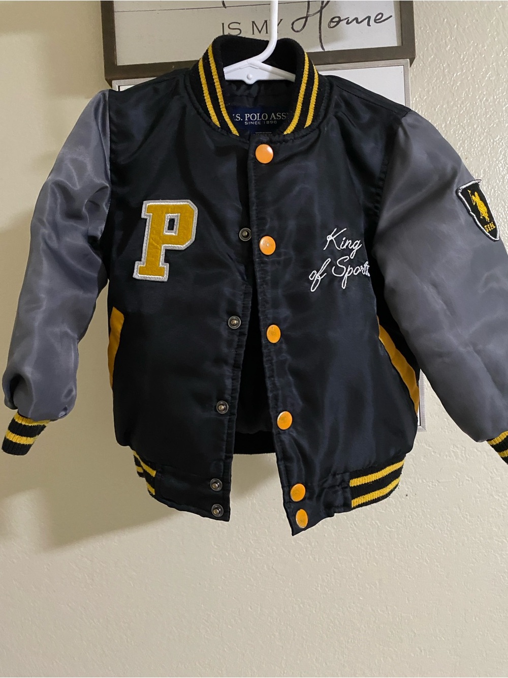 U.S. Polo Assn. Toddler Boys Varsity Letterman Jacket - Size 3T - Black/Grey/Gol